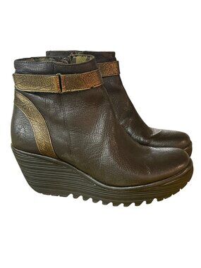 Fly London Yado Chocolate Leather Wedge Ankle Zip Up Boots Sz 38 (EU)